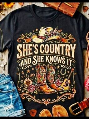 She’s Country and She Knows It!  Graphic Shirt • Southern Cowgirl Top